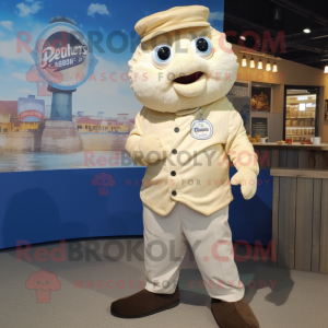 Cream Fish And Chips mascot costume character dressed with a Button-Up Shirt and Earrings