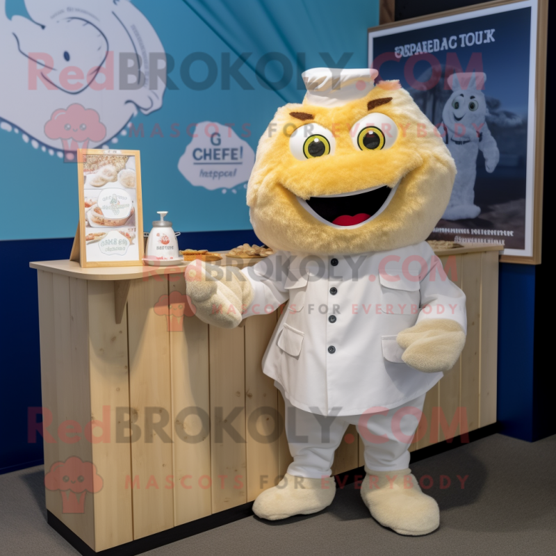 Cream Fish And Chips mascot costume character dressed with a Button-Up Shirt and Earrings