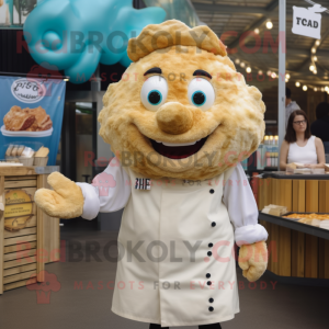 Cream Fish And Chips mascot costume character dressed with a Button-Up Shirt and Earrings
