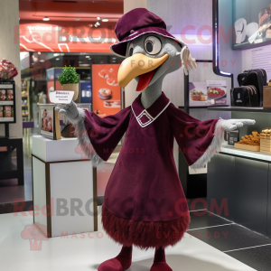 Maroon Ostrich mascot costume character dressed with a A-Line Dress and Caps