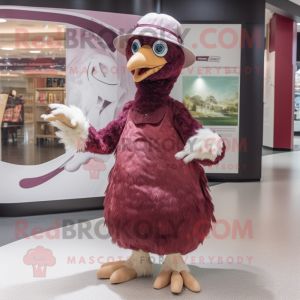 Maroon Ostrich mascot costume character dressed with a A-Line Dress and Caps