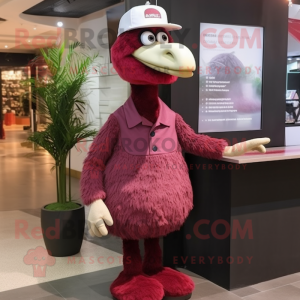 Maroon Ostrich mascot costume character dressed with a A-Line Dress and Caps