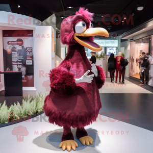 Maroon Ostrich mascot costume character dressed with a A-Line Dress and Caps