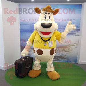 Beige Guernsey Cow mascot costume character dressed with a Rugby Shirt and Briefcases