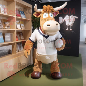 Beige Guernsey Cow mascot costume character dressed with a Rugby Shirt and Briefcases