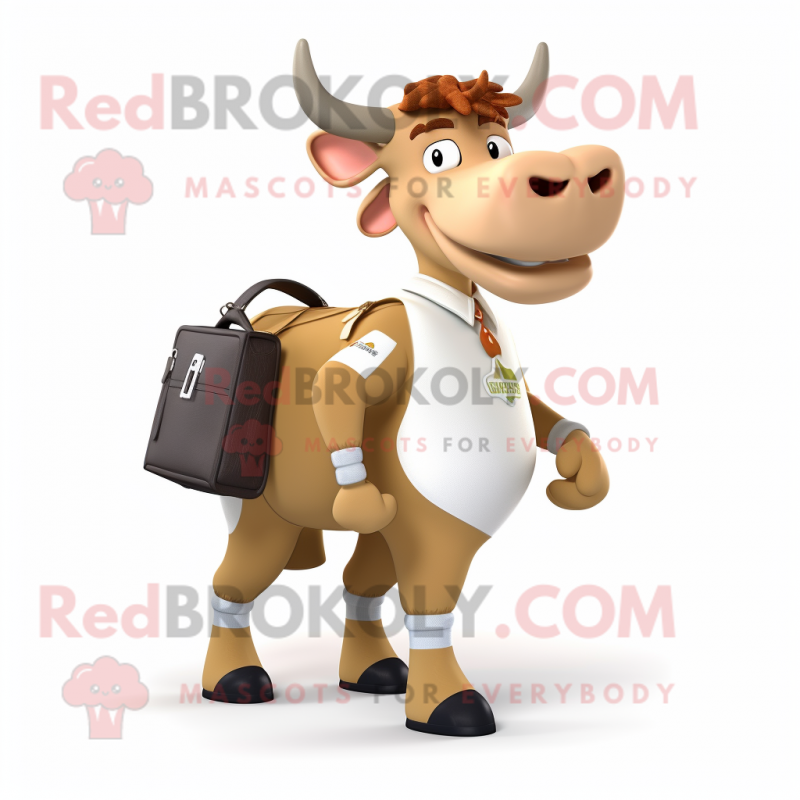 Beige Guernsey Cow mascot costume character dressed with a Rugby Shirt and Briefcases