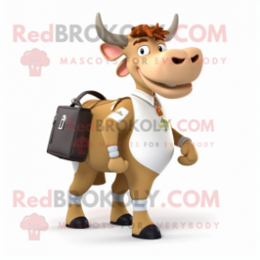 Beige Guernsey Cow mascot costume character dressed with a Rugby Shirt and Briefcases