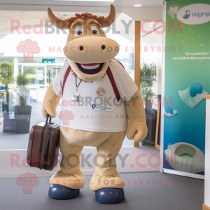 Beige Guernsey Cow mascot costume character dressed with a Rugby Shirt and Briefcases