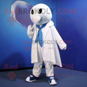 Navy Beluga Whale mascot costume character dressed with a Cardigan and Shoe clips