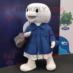 Navy Beluga Whale mascot costume character dressed with a Cardigan and Shoe clips