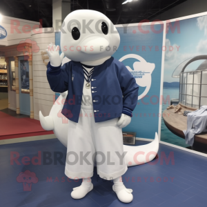 Navy Beluga Whale mascot costume character dressed with a Cardigan and Shoe clips