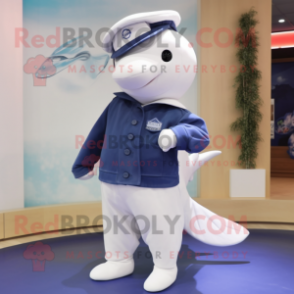 Navy Beluga Whale mascot costume character dressed with a Cardigan and Shoe clips