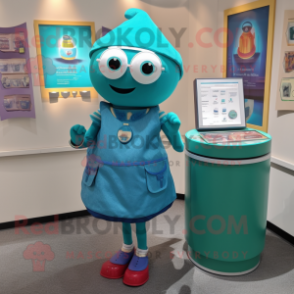 Teal Pendant mascot costume character dressed with a Pencil Skirt and Coin purses
