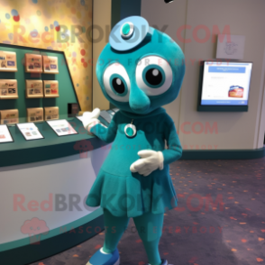 Teal Pendant mascot costume character dressed with a Pencil Skirt and Coin purses