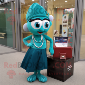 Teal Pendant mascot costume character dressed with a Pencil Skirt and Coin purses