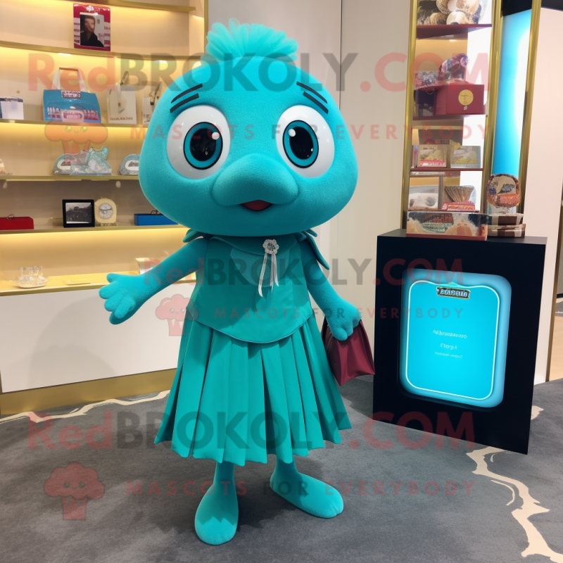 Teal Pendant mascot costume character dressed with a Pencil Skirt and Coin purses
