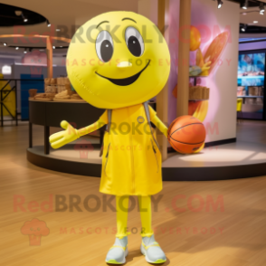 Lemon Yellow Volleyball Ball mascot costume character dressed with a Jeggings and Tote bags