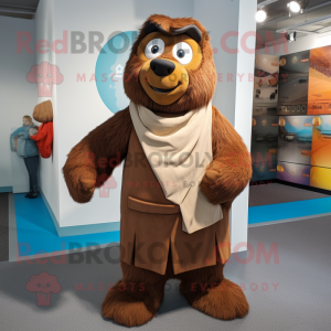 Brown Ice mascot costume character dressed with a Dungarees and Shawls