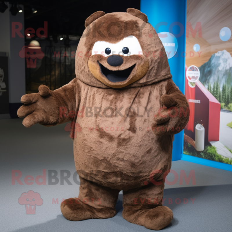 Brown Ice mascot costume character dressed with a Dungarees and Shawls Brown Ice mascot costume character dressed with a Dungarees and Shawls