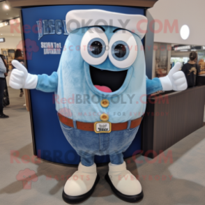 Blue Clam Chowder mascot costume character dressed with a Denim Shorts and Briefcases