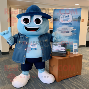 Blue Clam Chowder mascot costume character dressed with a Denim Shorts and Briefcases