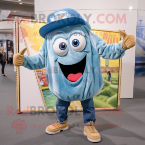 Blue Clam Chowder mascot costume character dressed with a Denim Shorts and Briefcases