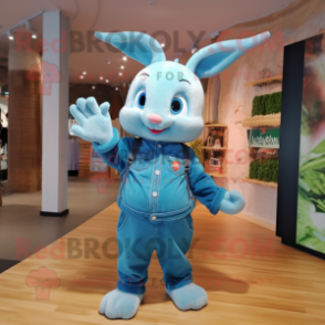 Cyan Rabbit mascot costume character dressed with a Jeans and Beanies