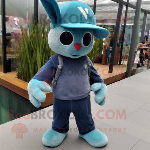 Cyan Rabbit mascot costume character dressed with a Jeans and Beanies