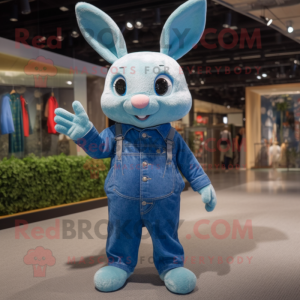 Cyan Rabbit mascot costume character dressed with a Jeans and Beanies