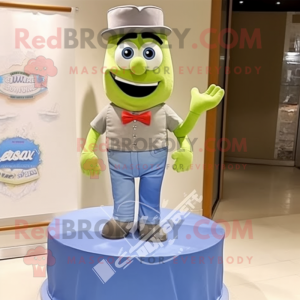 Olive Wedding Cake mascot costume character dressed with a Denim Shirt and Bow ties