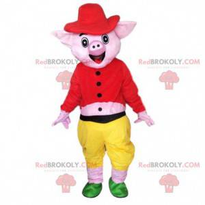 Mascote porco sorridente, fantasia de porco rosa -