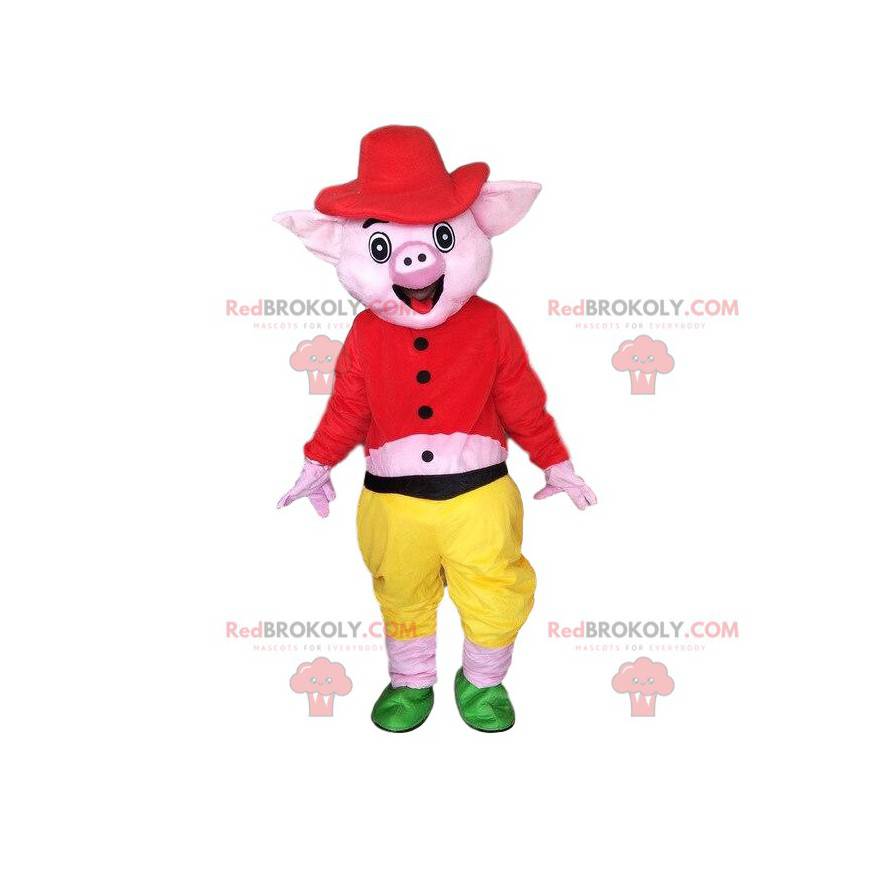 Mascota de cerdo sonriente, disfraz de cerdo rosa -