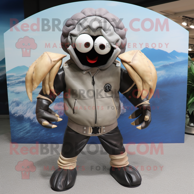 Gray Hermit Crab mascot costume character dressed with a Leather Jacket and Rings