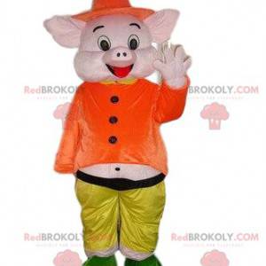 Mascotte de cochon rose, costume 3 petits cochons -