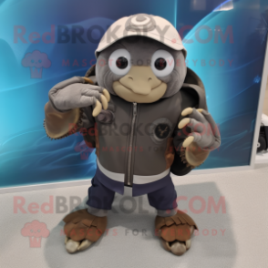 Gray Hermit Crab mascot costume character dressed with a Leather Jacket and Rings