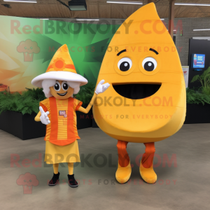 Orange Tacos mascot costume character dressed with a Mini Dress and Messenger bags