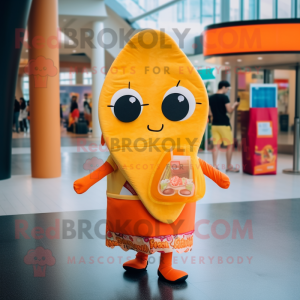 Orange Tacos mascot costume character dressed with a Mini Dress and Messenger bags