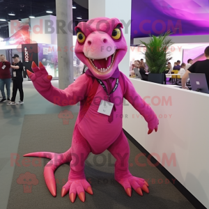 Magenta Deinonychus mascot costume character dressed with a Romper and Rings