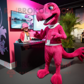 Magenta Deinonychus mascot costume character dressed with a Romper and Rings