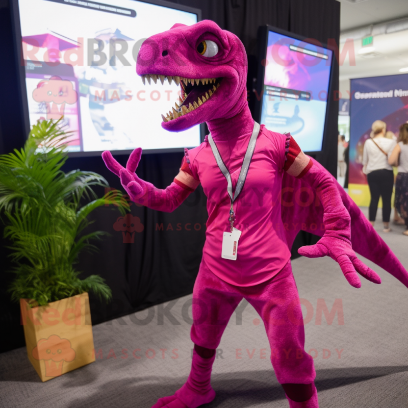Magenta Deinonychus mascot costume character dressed with a Romper and Rings