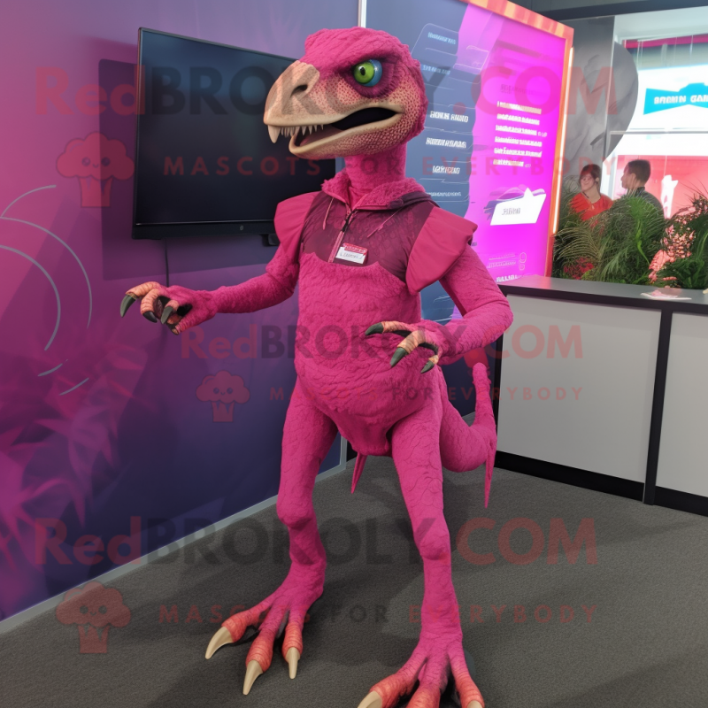 Magenta Deinonychus mascot costume character dressed with a Romper and Rings Magenta Deinonychus mascot costume character dressed with a Romper and Rings