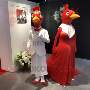 Red Quail mascot costume character dressed with a Wedding Dress and Pocket squares