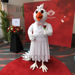 Red Quail mascot costume character dressed with a Wedding Dress and Pocket squares