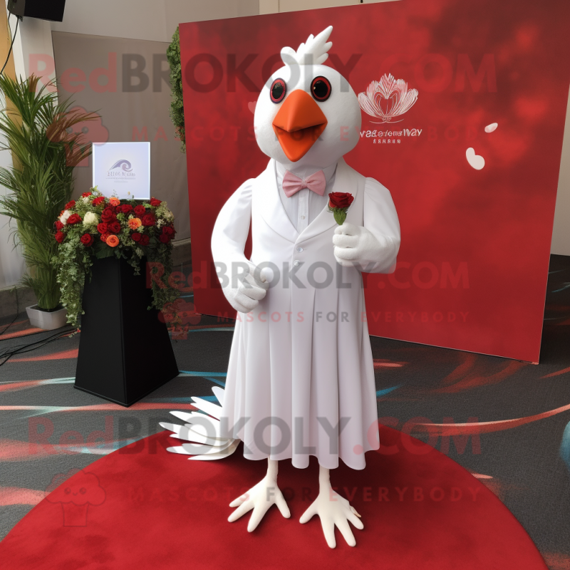 Red Quail mascot costume character dressed with a Wedding Dress and Pocket squares Red Quail mascot costume character dressed with a Wedding Dress and Pocket squares