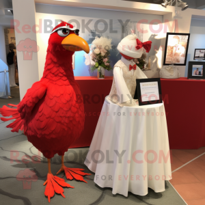 Red Quail mascot costume character dressed with a Wedding Dress and Pocket squares