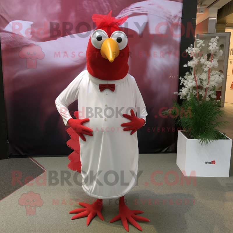 Red Quail mascot costume character dressed with a Wedding Dress and Pocket squares