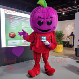 Magenta Apple mascot costume character dressed with a Turtleneck and Earrings