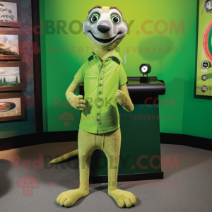 Lime Green Meerkat mascot costume character dressed with a Henley Tee and Tie pins