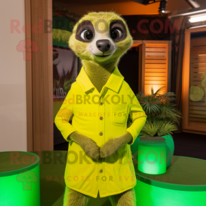 Lime Green Meerkat mascot costume character dressed with a Henley Tee and Tie pins