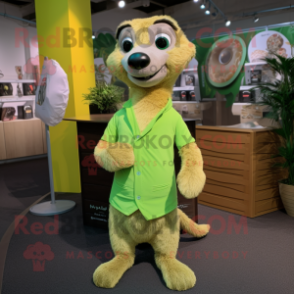 Lime Green Meerkat mascot costume character dressed with a Henley Tee and Tie pins